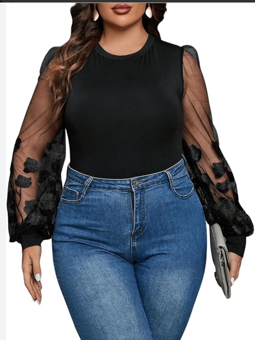 NWT Black bodysuit featuring sheer mesh sleeves with floral appliques Size 6X